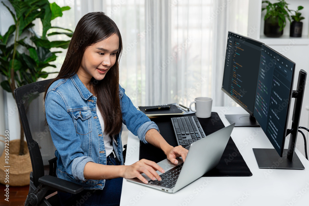 Poster smiling young asian in it developer creating with typing online information on laptop with coding pr