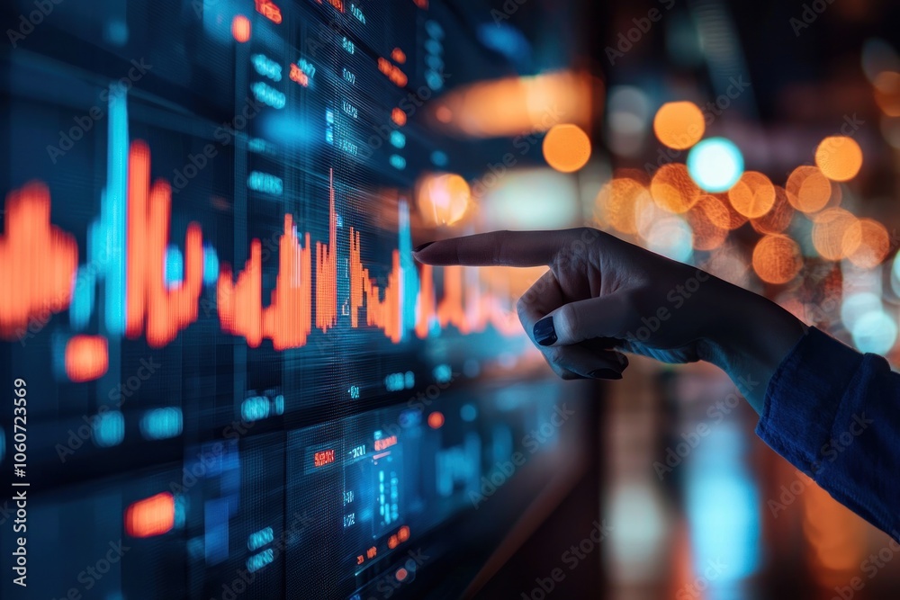 Poster Hand Pointing at Financial Data Displayed on a Screen