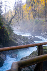 gorge with a river in the mountains, blue water, blue river, waterfalls, rocks and mountains