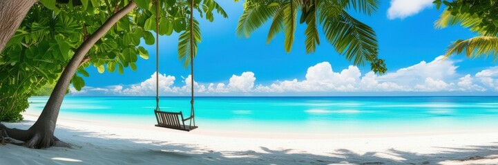 Tropical paradise, pristine white sand beach, crystal clear turquoise water, palm trees, wooden swing, lush foliage, sunny blue sky, fluffy white clouds, idyllic island getaway, panoramic view, serene