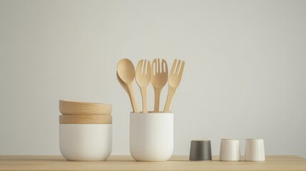 Dining table in a zero-waste kitchen with recyclable utensils for eco-conscious living.
