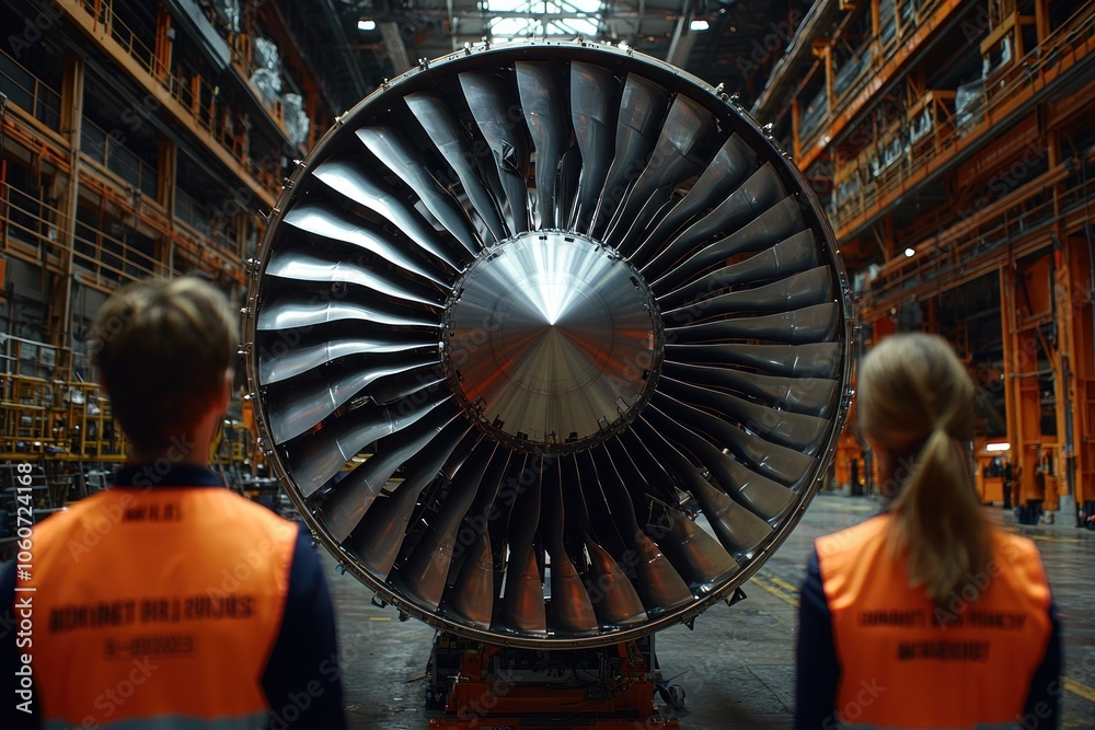 Poster Two People Observe a Large Airplane Engine in a Factory Setting