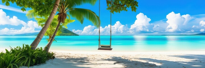 Tropical paradise, pristine white sand beach, crystal clear turquoise water, palm trees, wooden swing, lush foliage, sunny blue sky, fluffy white clouds, idyllic island getaway, panoramic view, serene