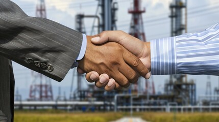 Businessmen shaking hands in close-up, symbolizing successful energy deal, with energy infrastructure in the background.