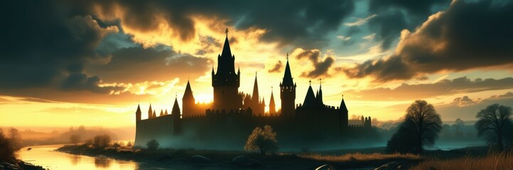 Ethereal island silhouette, tranquil lake reflection, golden sunset sky, dramatic clouds, panoramic landscape, serene atmosphere, towering spires, dreamlike scenery, fantasy realm, mystical horizon, c