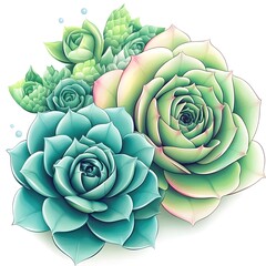 A vibrant illustration of succulent plants in various shades of green and blue.