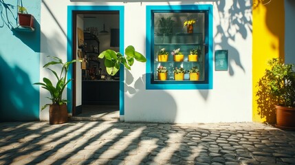 photo of the entrance to a modern minimalist coffee shop, with white walls, blue accents, and black windows.