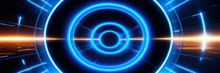 Futuristic neon tunnel, glowing blue circular portal, sci-fi corridor, orange energy beams, high-tech spaceship interior, cyberpunk aesthetic, motion blur, dark background, vibrant colors, symmetrical