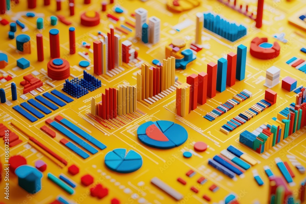 Aufkleber colorful 3d data visualization with bars, charts, and graphs on yellow surface