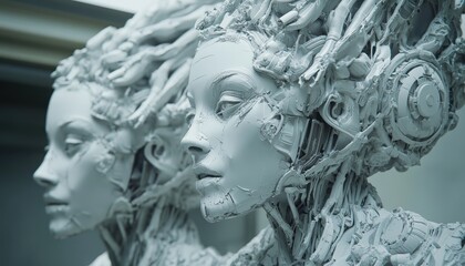 Two intricate sculptures embodying artificial intelligence concepts in a modern space