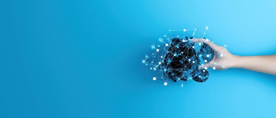 Explore innovative technology concepts as a hand interacts with a digital brain model in a blue environment