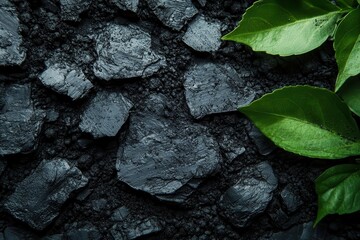 closeup of rich dark organic biochar soil showcasing its unique texture and fertility surrounded by green plant roots evoking a sense of life and sustainability in agriculture