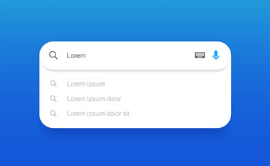 Search Bar with suggestions for UI UX design and web site. Search Address and navigation bar icon. Collection of search form templates for websites. Search engine web browser window template.