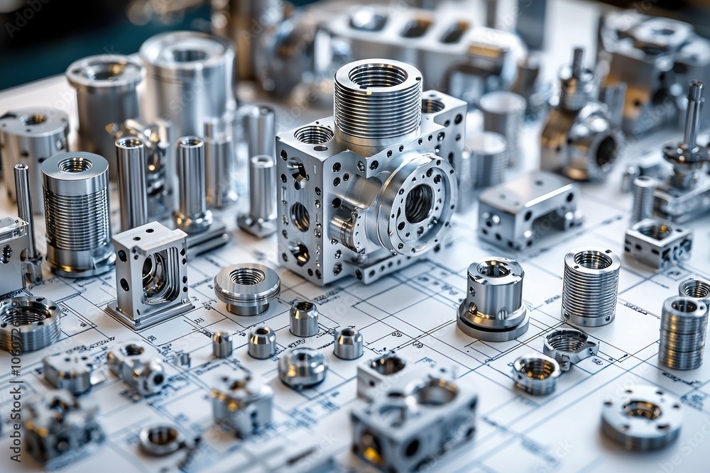 Poster precision metal components arranged on a blueprint