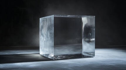 Solid glass cube photographed on a gray background.
