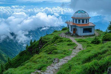 Obraz premium A Small Building Perched on a Mountaintop with Cloudy Skies