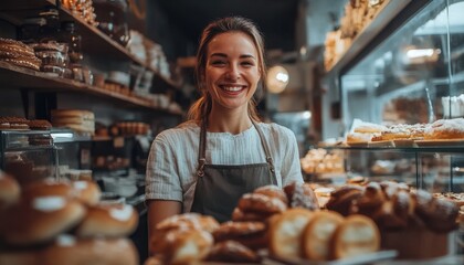 Smiling female baker serving a customer in her cozy bakery shop