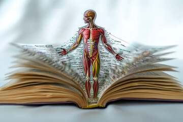  open book of anatomy with holographic pages floating above it, 