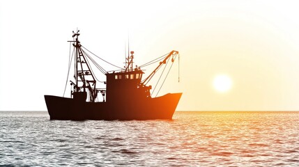 Fototapeta premium A dark silhouette of a fishing boat on the water at sunset.