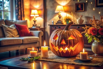 Fototapeta premium Spooky Halloween Pumpkin in Cozy Living Room with Low Light - Autumn Decor, Atmospheric Lighting, Seasonal Vibes, Festive Home Design, Halloween Celebration