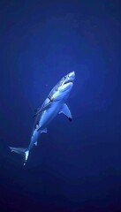 Fototapeta premium A great white shark ascends from the deep blue ocean, evoking awe and thalassophobia in viewers.
