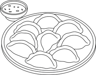 Plate of jiaozi dumplings outline coloring page. China lunar new year colouring page for kids