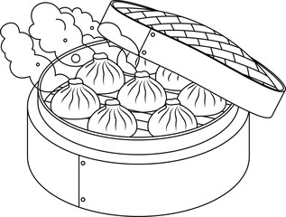 Dumplings being steamed in a traditional bamboo steamer outline coloring page. China lunar new year colouring page for kids