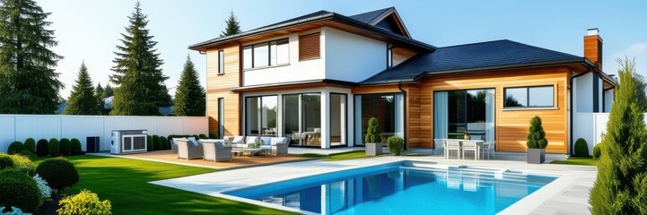 Modern luxury villa, swimming pool, contemporary architecture, landscaped garden, large windows, wood accents, outdoor living space, sunny day, blue sky, tranquil setting, high-end real estate, panora