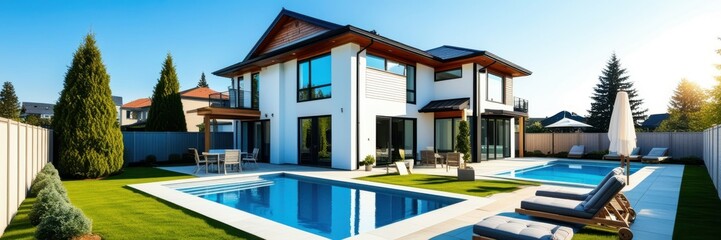 Modern luxury villa, swimming pool, contemporary architecture, landscaped garden, large windows, wood accents, outdoor living space, sunny day, blue sky, tranquil setting, high-end real estate, panora