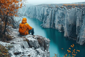 A lone hiker perched on a cliff overlooking a vast canyon with a flowing river