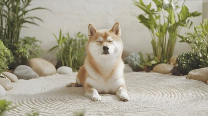 mindful dog, closed eye and sits peacefully in a zen garden