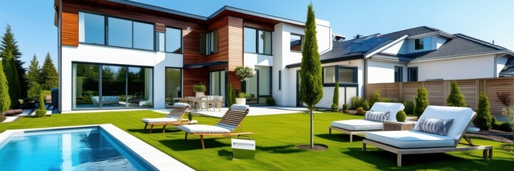 Fototapeta premium Modern luxury villa, swimming pool, contemporary architecture, landscaped garden, large windows, wood accents, outdoor living space, sunny day, blue sky, tranquil setting, high-end real estate, panora