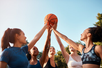 Sports, hands and people with ball in huddle for fitness, support and motivation in outdoor games....