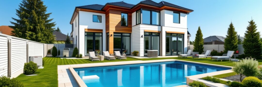 Modern luxury villa, swimming pool, contemporary architecture, landscaped garden, large windows, wood accents, outdoor living space, sunny day, blue sky, tranquil setting, high-end real estate, panora