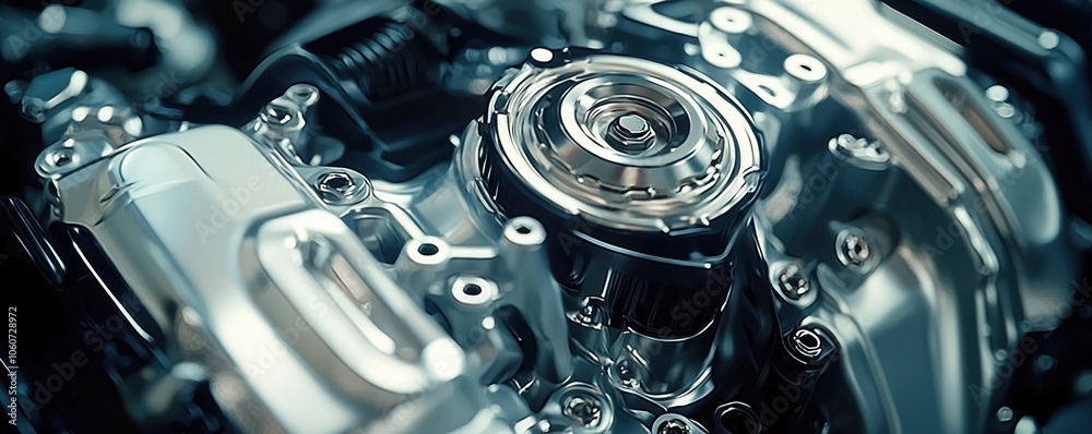 Poster close-up of a shiny, metallic engine component