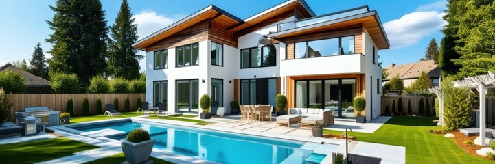 Fototapeta premium Modern luxury villa, swimming pool, contemporary architecture, landscaped garden, large windows, wood accents, outdoor living space, sunny day, blue sky, tranquil setting, high-end real estate, panora