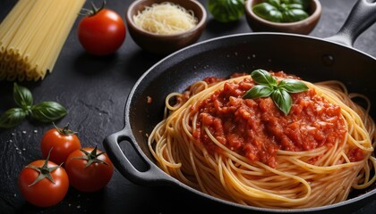 Preparing Italian-style Tomato Sauce for Spaghetti in a Black Pan. Generative AI