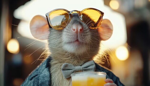 Happy mouse with sunglasses enjoys a sunset cocktail at a beach party
