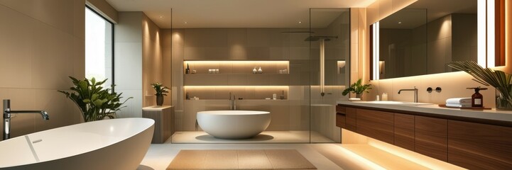 Luxurious modern bathroom, freestanding bathtub, large mirror with LED lighting, glass shower enclosure, wooden accents, warm ambient lighting, minimalist design, spacious layout, high-end fixtures, n
