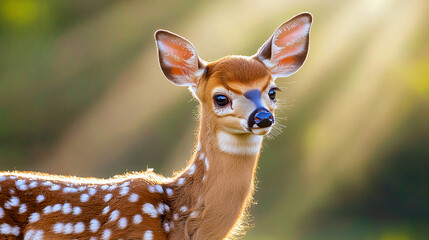 fawn in morning frost, delicate backlighting, winter forest scene