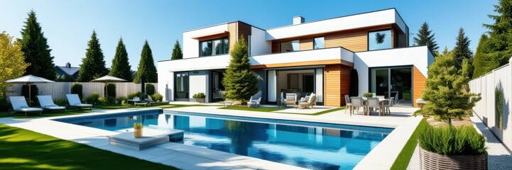 Fototapeta premium Modern luxury villa, swimming pool, contemporary architecture, landscaped garden, large windows, wood accents, outdoor living space, sunny day, blue sky, tranquil setting, high-end real estate, panora