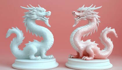 Fototapeta premium 3D rendered red dragons in Chinese and Japanese styles with a pastel background