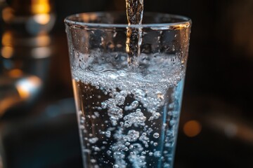 Water pouring into a glass, creating bubbles. This photo is ideal for depicting hydration, refreshment, and the pure essence of water.