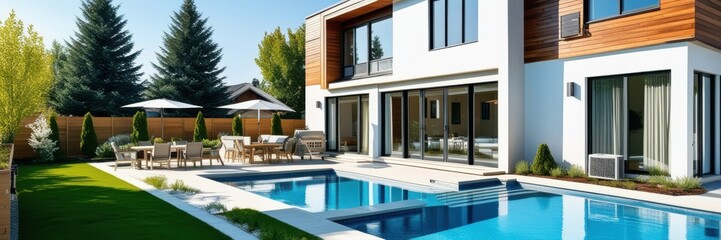 Fototapeta premium Modern luxury villa, swimming pool, contemporary architecture, landscaped garden, large windows, wood accents, outdoor living space, sunny day, blue sky, tranquil setting, high-end real estate, panora