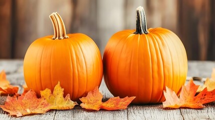 Two vibrant orange pumpkins surrounded by autumn leaves on a wooden surface.