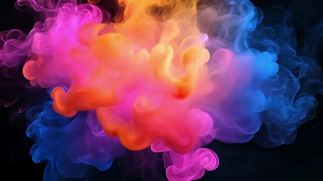 A vibrant explosion of colorful smoke swirls against a dark background, creating a captivating abstract visual that evokes creativity and imagination.