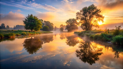 Obraz premium Golden sunbeams paint the sky as dawn breaks over a tranquil lake, casting a magical reflection on the water