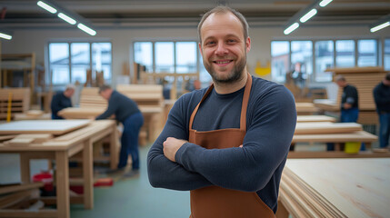 Fototapeta premium smiling man in woodwork workshop, wearing apron, surrounded by wooden materials and workers. He exudes confidence and passion for woodworking