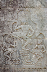 Bas-relief Sculpture at Bayon temple in Angkor Thom, Siem Reap, Cambodia.