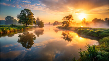 Obraz premium Golden sunbeams paint the sky as dawn breaks over a tranquil lake, casting a magical reflection on the water